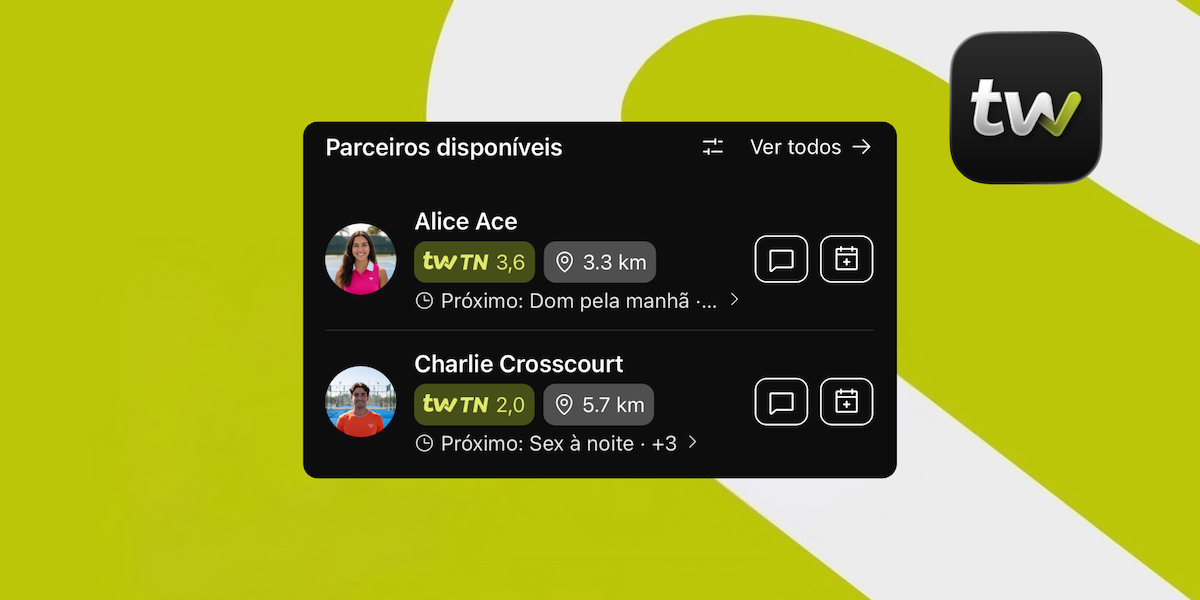A seção Parceiros disponíveis na tela inicial do Tweener mostrando jogadores sugeridos