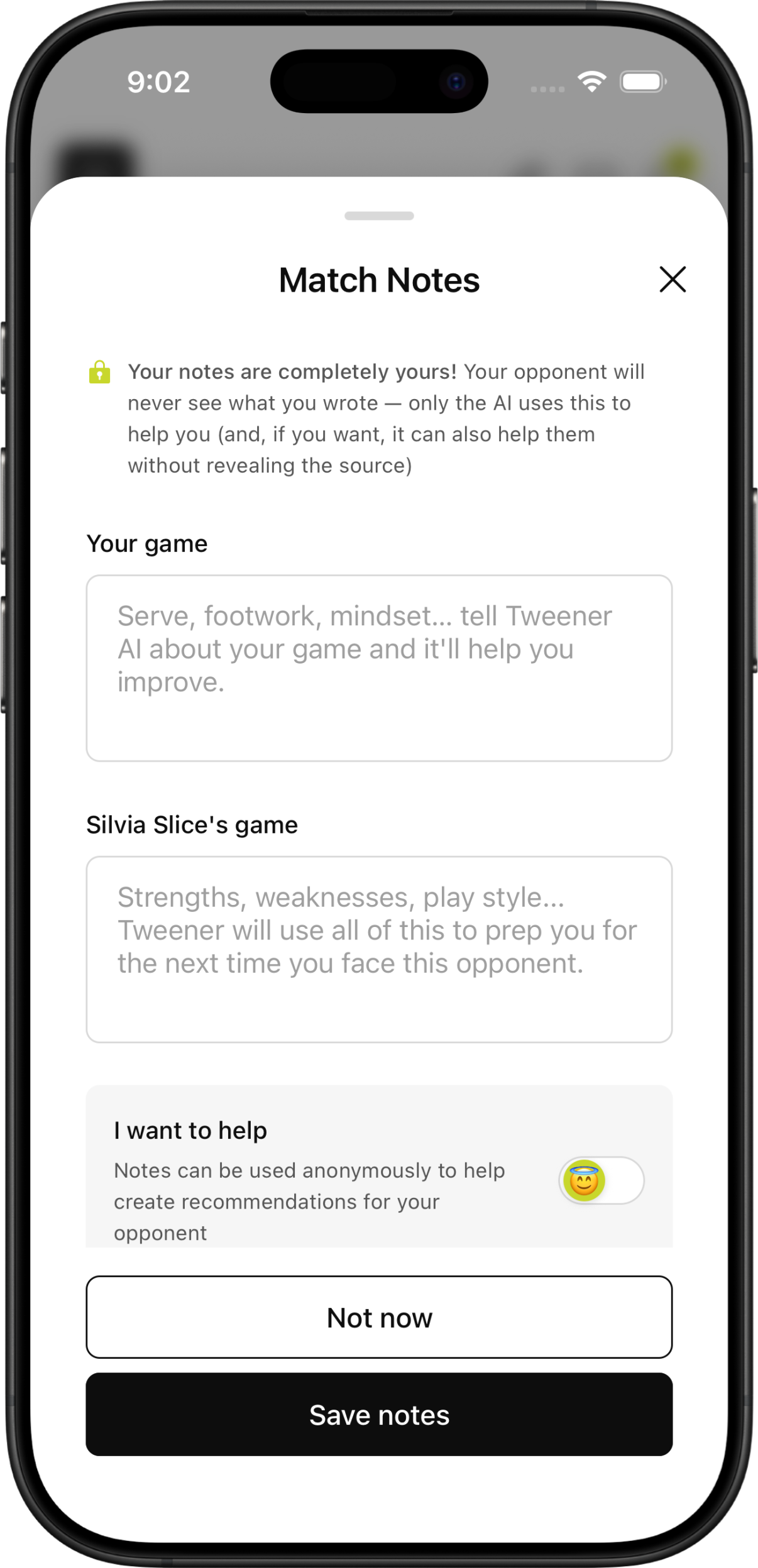 Post-match notes screen