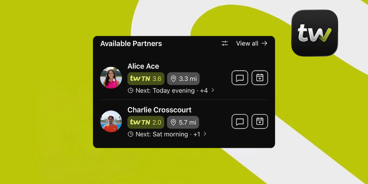The Available Partners section on the Tweener home screen showing suggested players